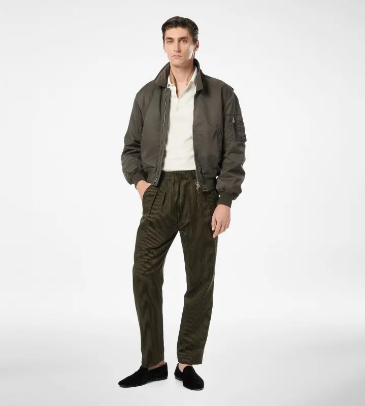 COTTON SILK BENGAL STRIPE PLEATED LOUNGE PANT COMBO BLACK & MILITARY GREEN online